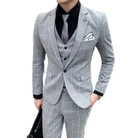 Mens 3 Piece Slim Fit Plaid Suit Formal Business Tuxedos Blazer Vest Pants | 812