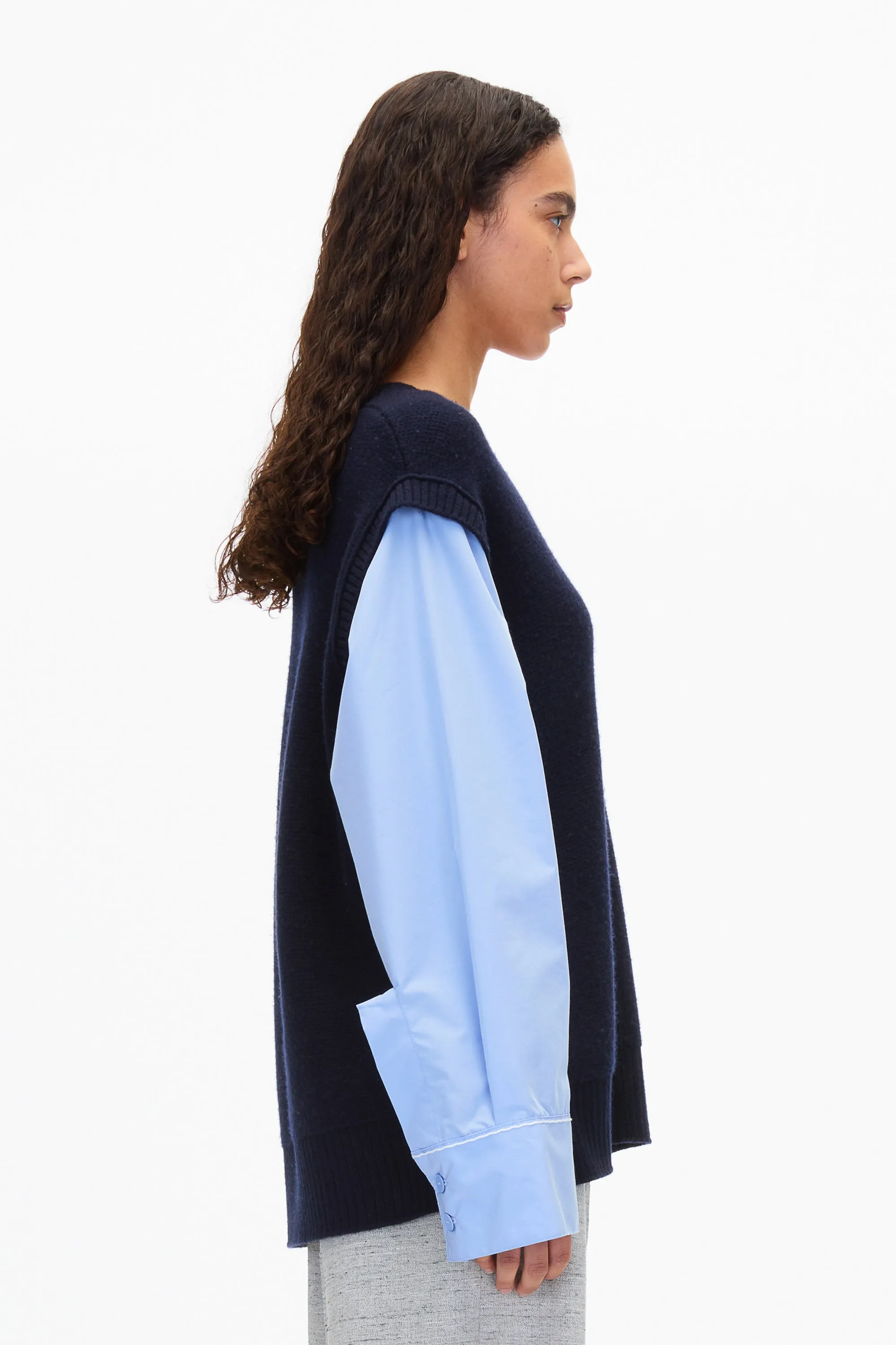 Oversized Knit Vest with Poplin Sleeves