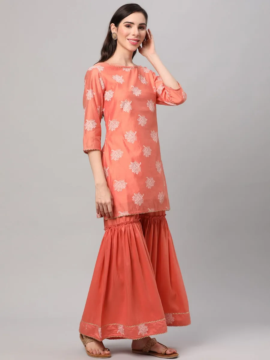 Peach Floral Printed Kurta Sharara Dupatta