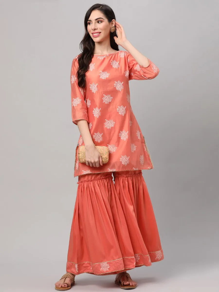 Peach Floral Printed Kurta Sharara Dupatta