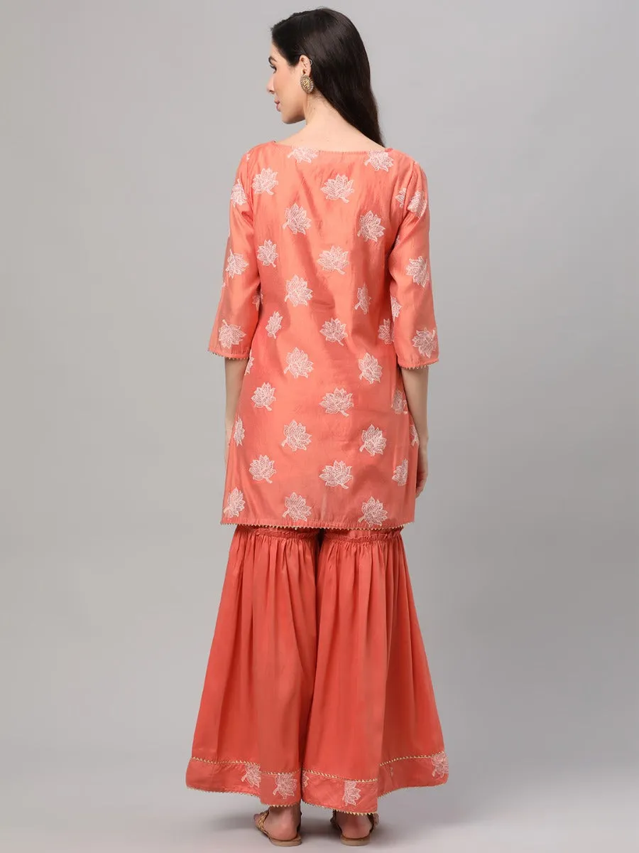 Peach Floral Printed Kurta Sharara Dupatta