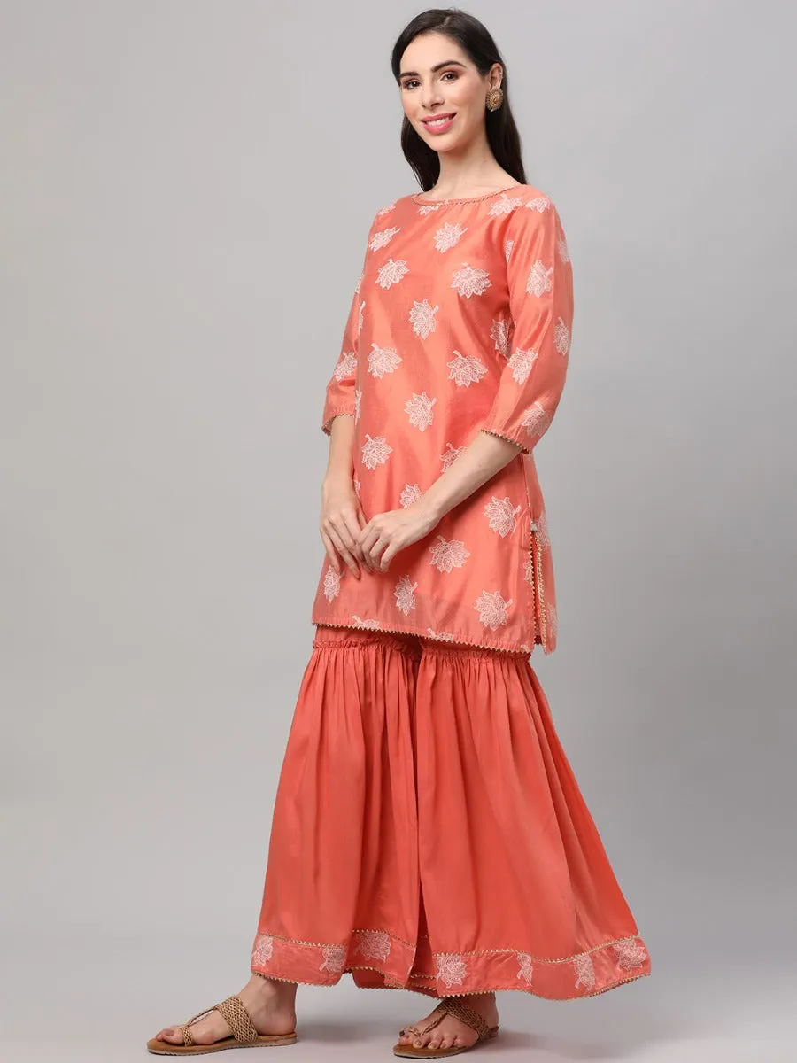 Peach Floral Printed Kurta Sharara Dupatta