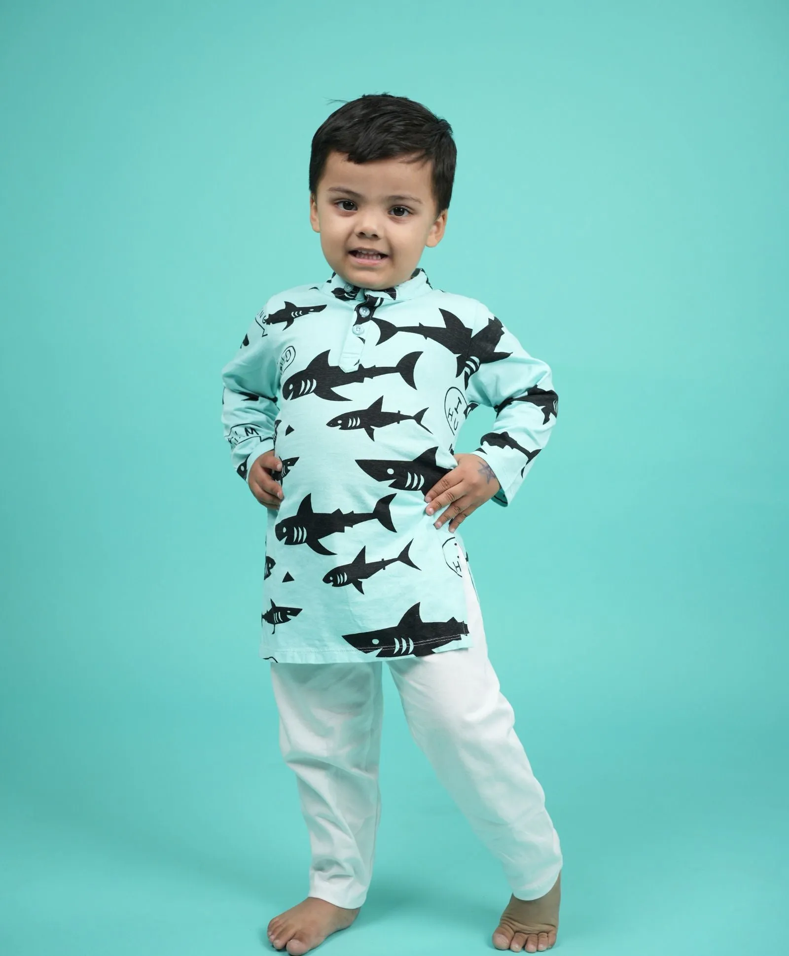 Shark Pattern Boys Kurta Pyjama Set