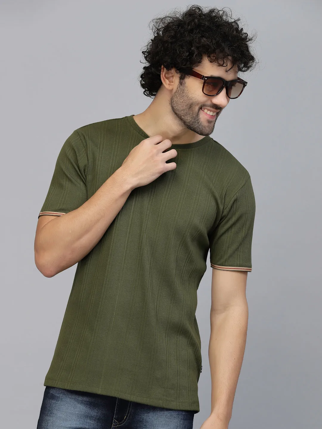 Solid Self Textured Half Sleeves Rib Knit T-Shirt