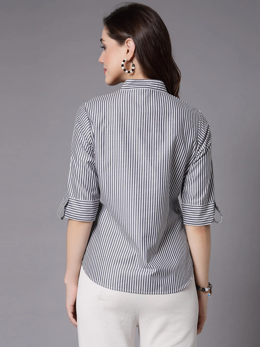 Style Quotient Women Black and White Stripe PolyCotton Smart casual top