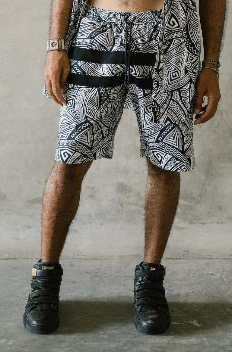 VALO SPIRIT PANTAI SHORTS Black & White Tribal - Light Summer Shorts