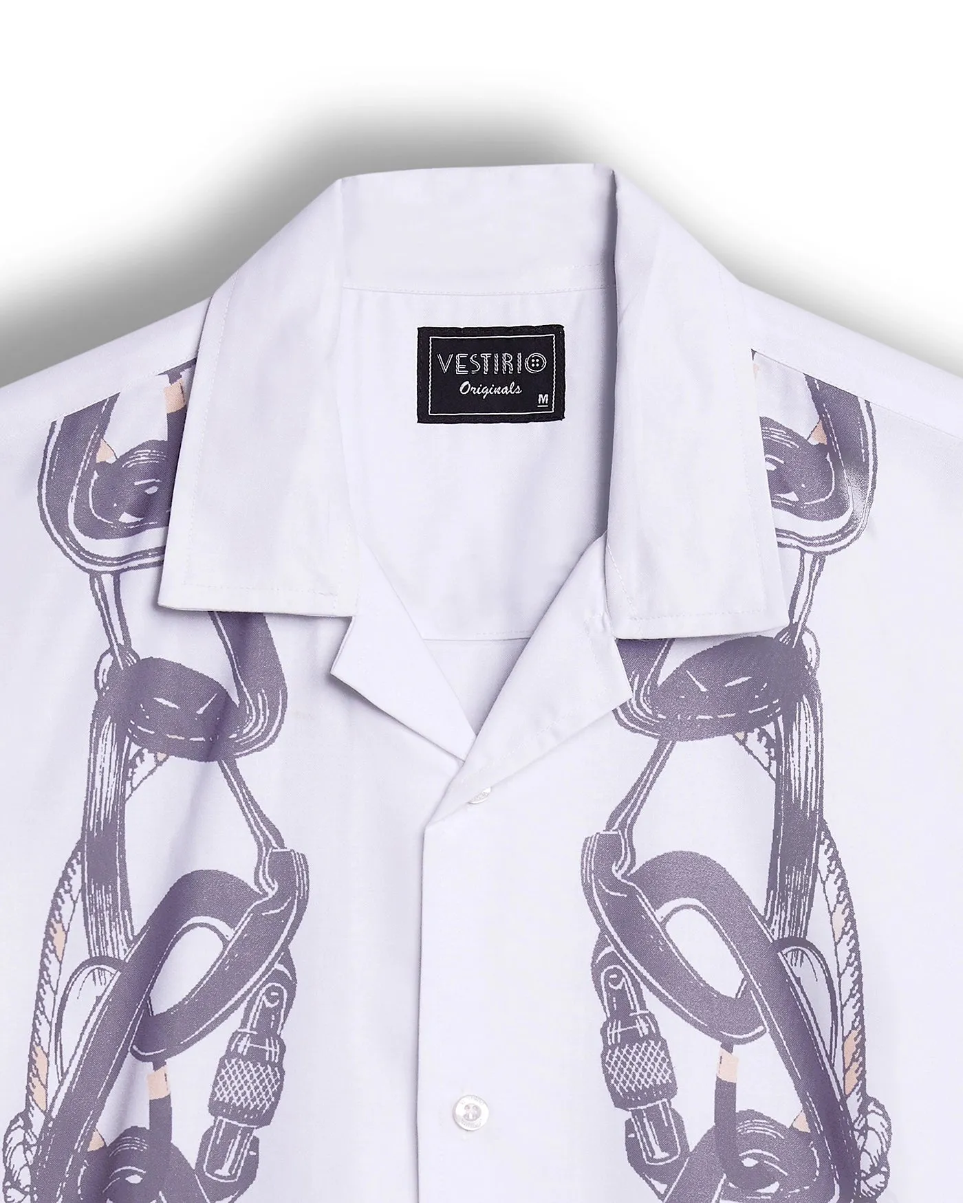 White chain printed camp collar shirt for men