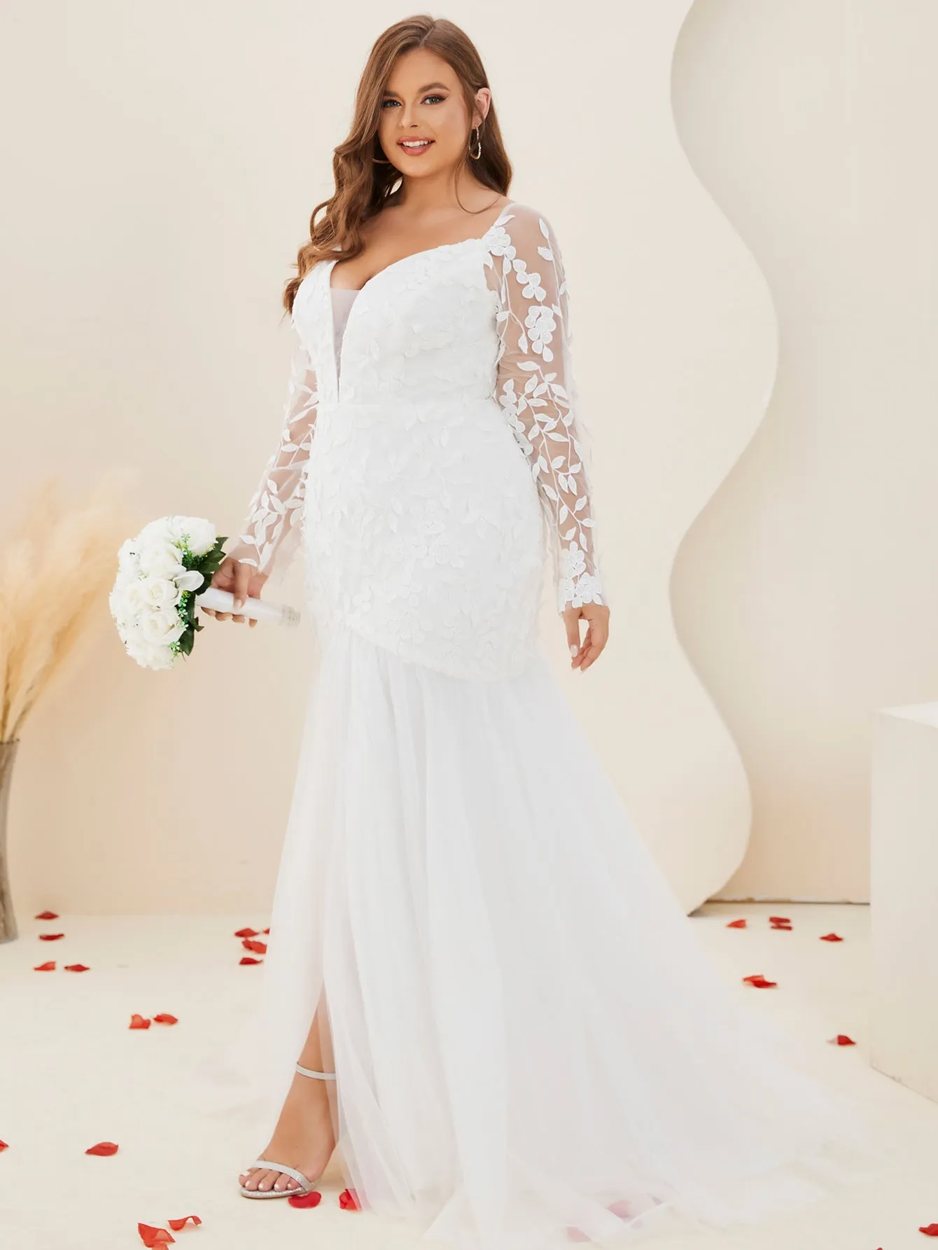 Women Plus Size Floral Leaf Mesh Split Thigh Mermaid Wedding Dresses