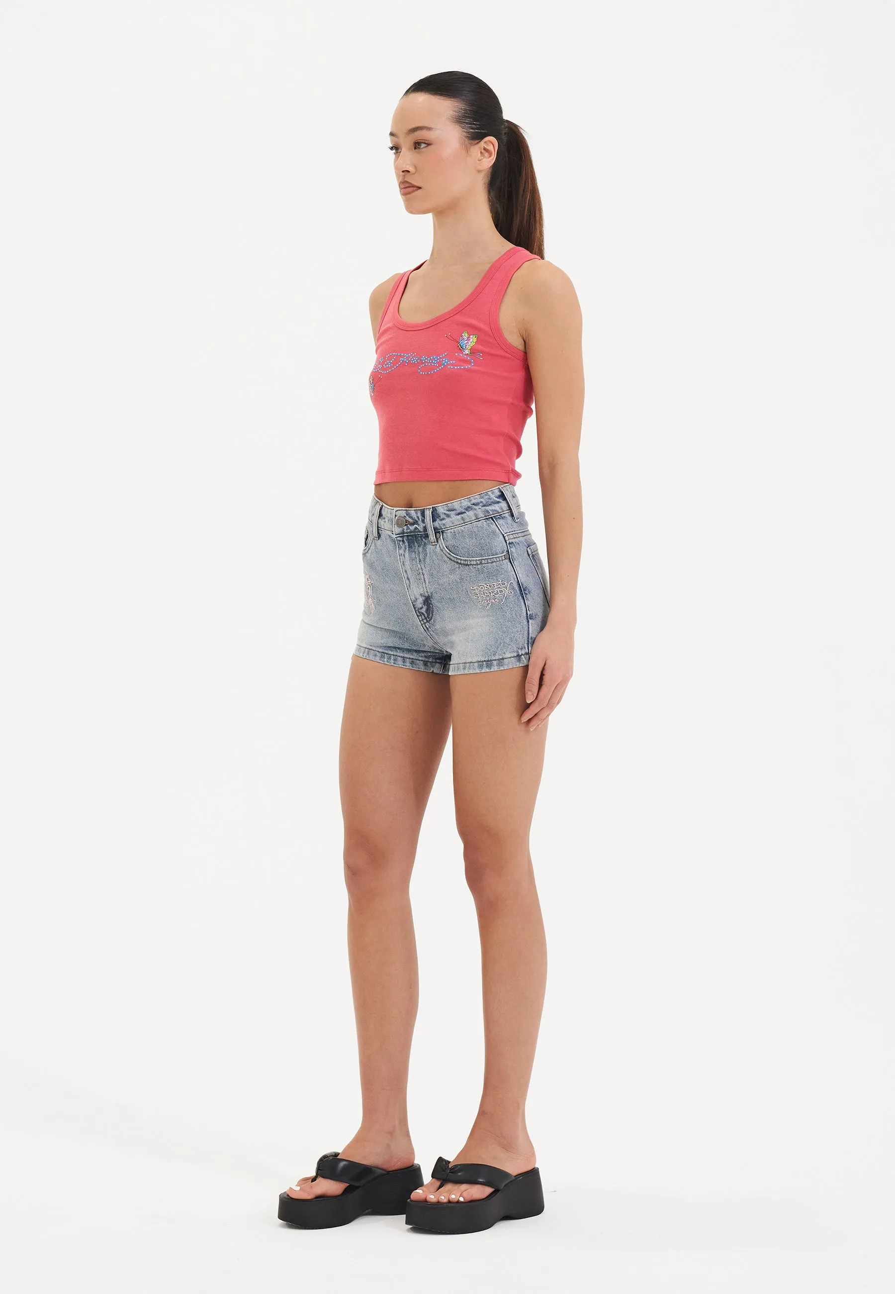 Womens Triple Heart Denim Jorts Shorts - Blue